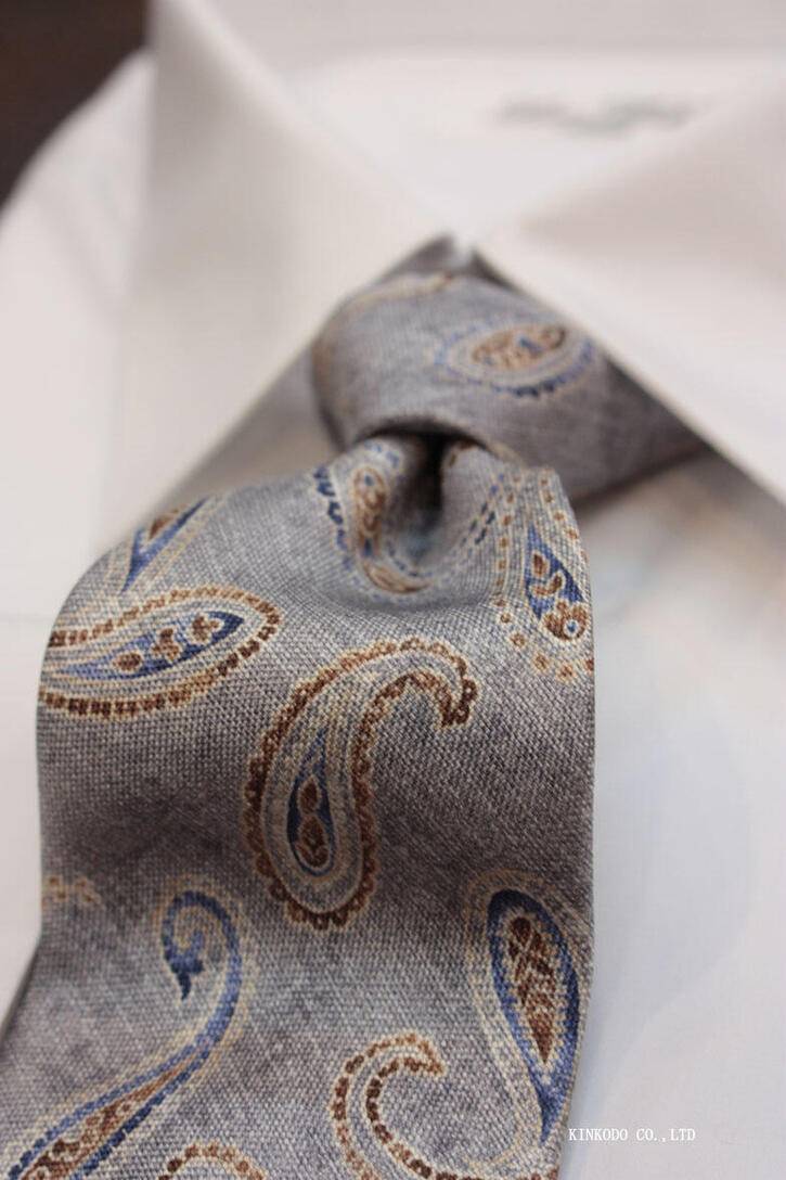 ALBENI 1905（アルベニ1905）イタリア製 シルクタイ／グレー ペイズリー（更紗）プリント