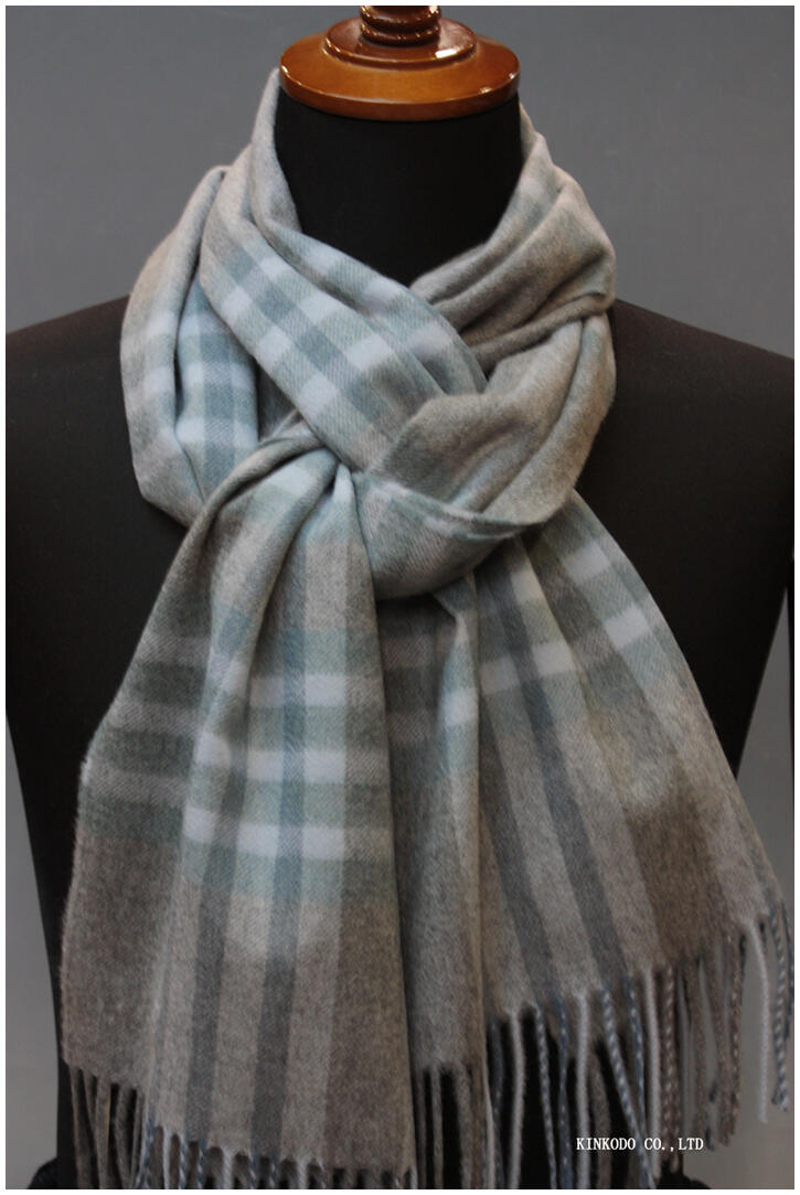 【Johnstons of Elgin】カシミヤチェックマフラー（グレー×サックス系）36×185