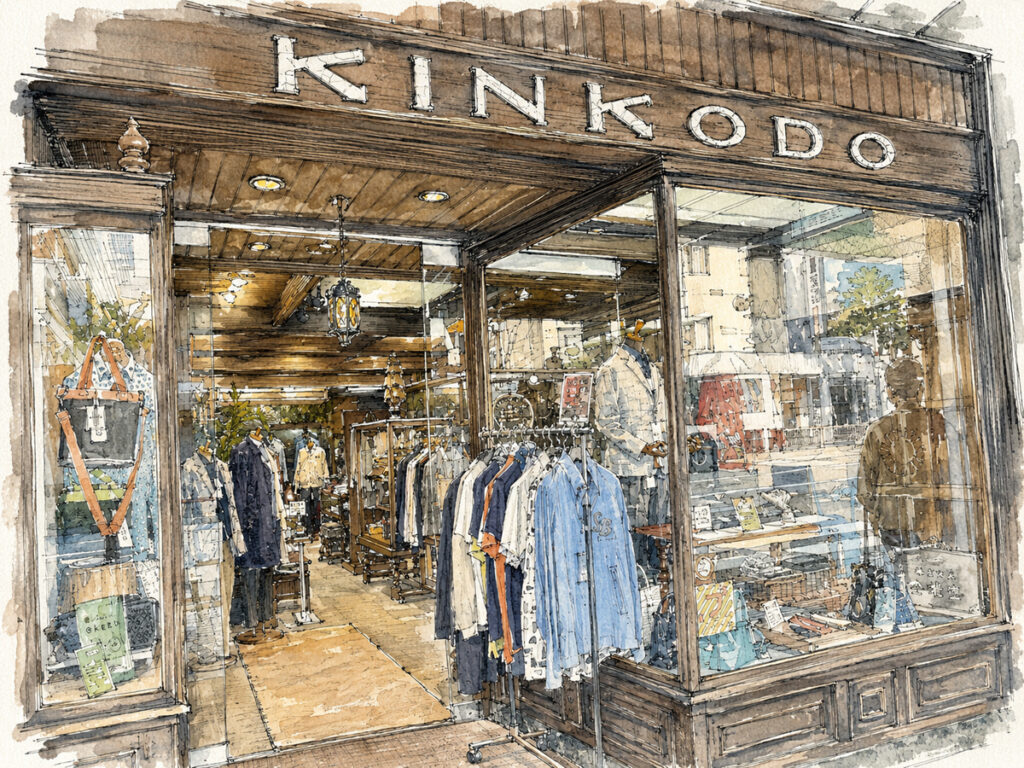 alt="金港堂 店前の水彩画風イラスト"