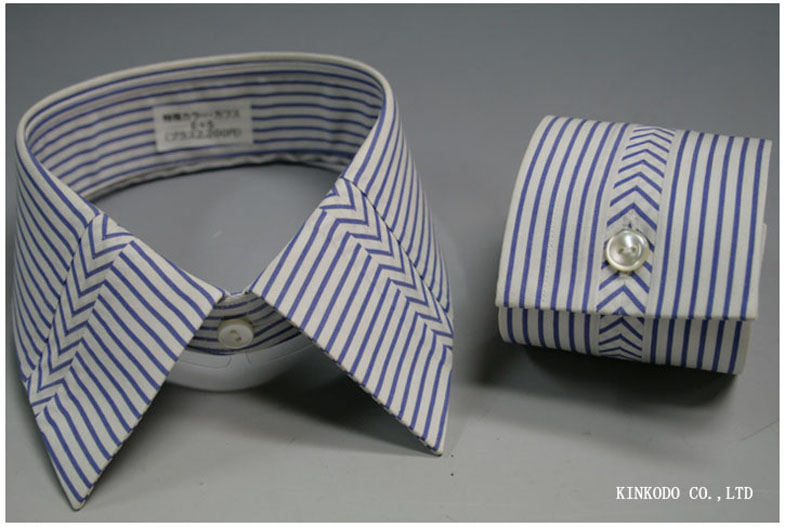 衿羽根の中央とカフス中央をカットしヘリンボーン状につなぎ合わせたデザイン（K5）