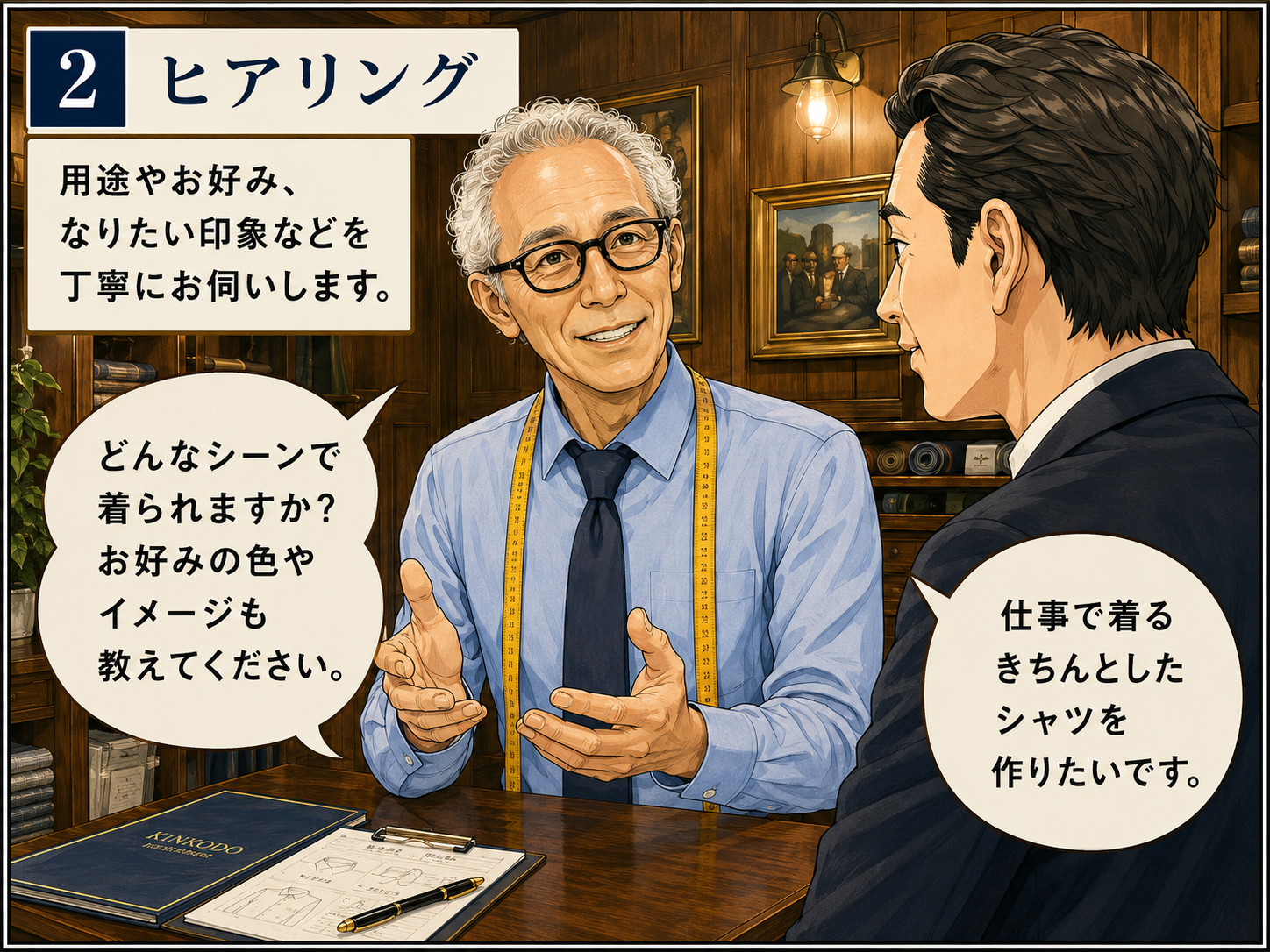 オーダーシャツの用途や好みをヒアリングする様子