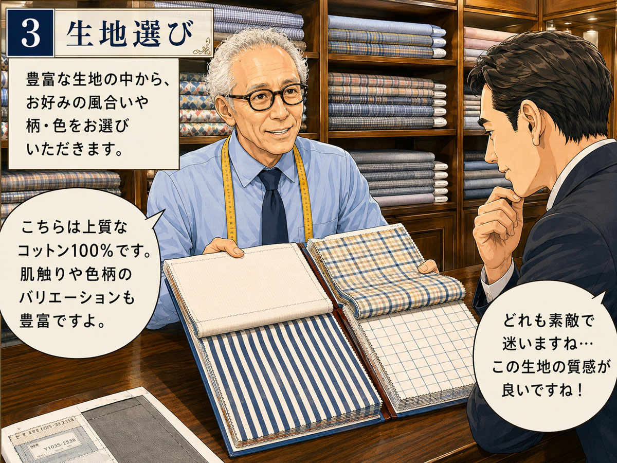 金港堂でオーダーシャツの生地を選ぶ様子