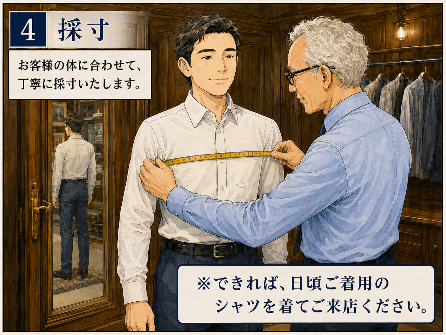 オーダーシャツ作成のために採寸している様子