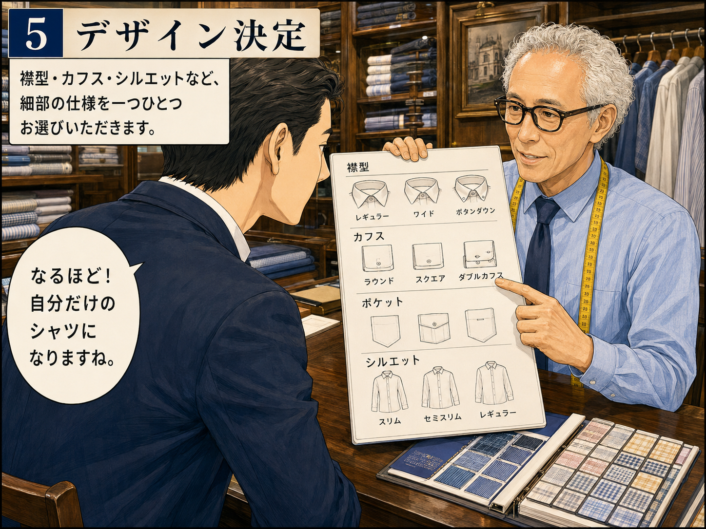 衿型やカフスなどシャツのデザインを決める様子