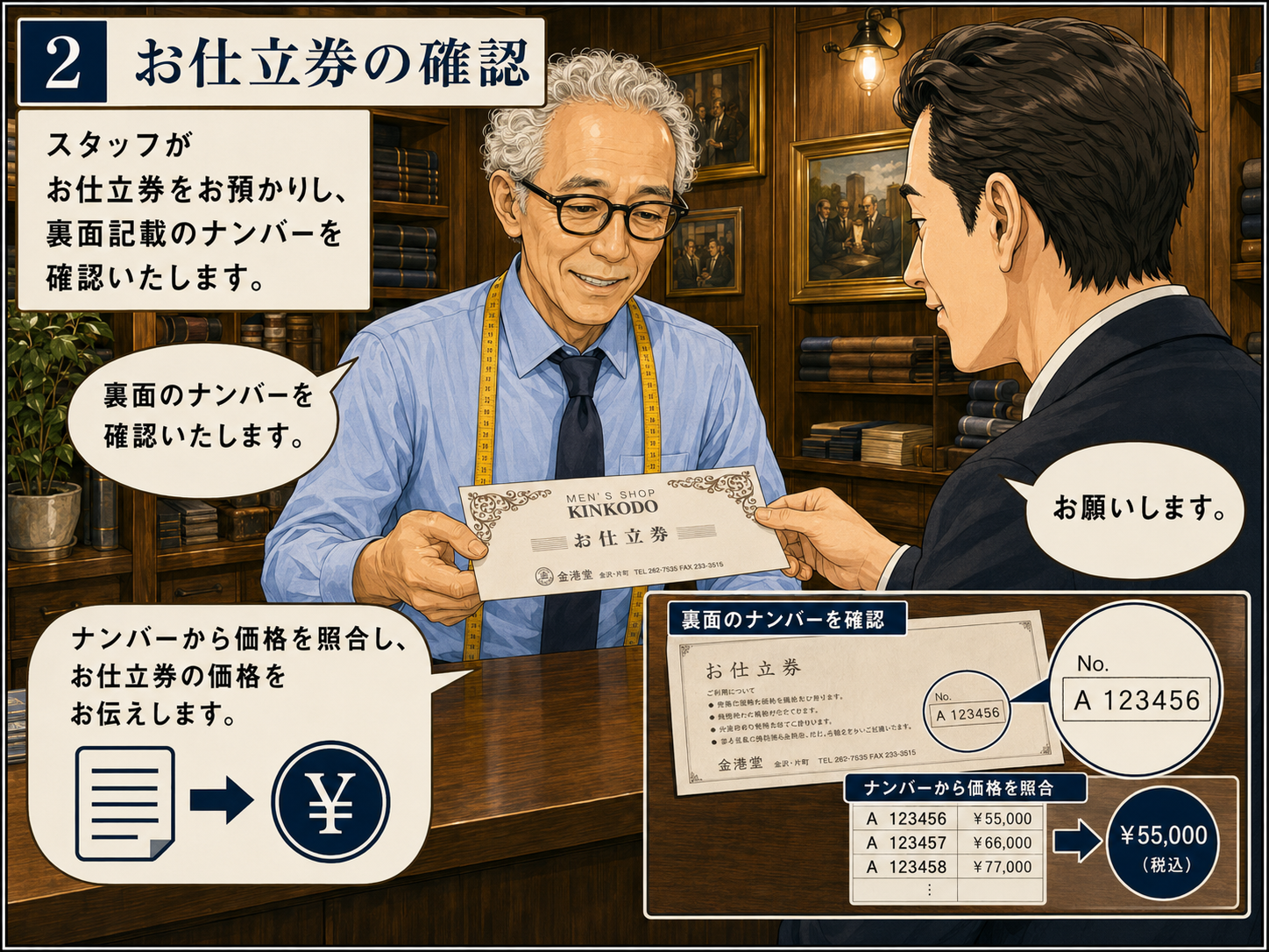 金港堂のお仕立券をスタッフがお預かりし裏面のナンバーを確認する様子