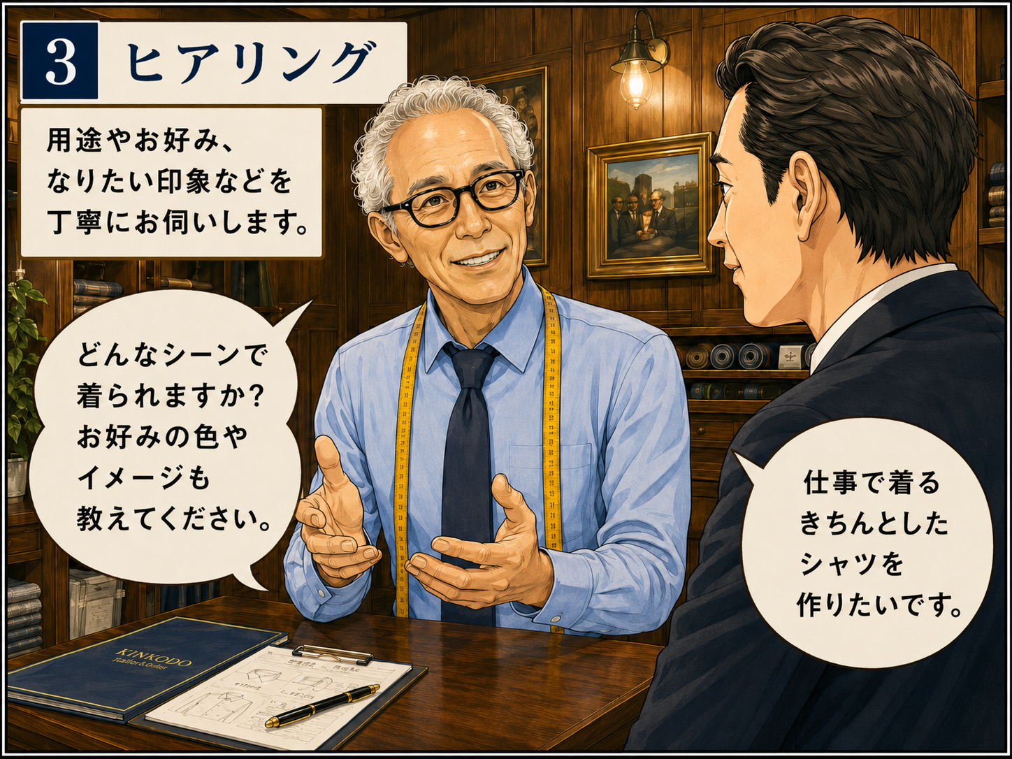 お仕立券をお持ちのお客様にオーダーシャツの用途や好みをヒアリングする様子