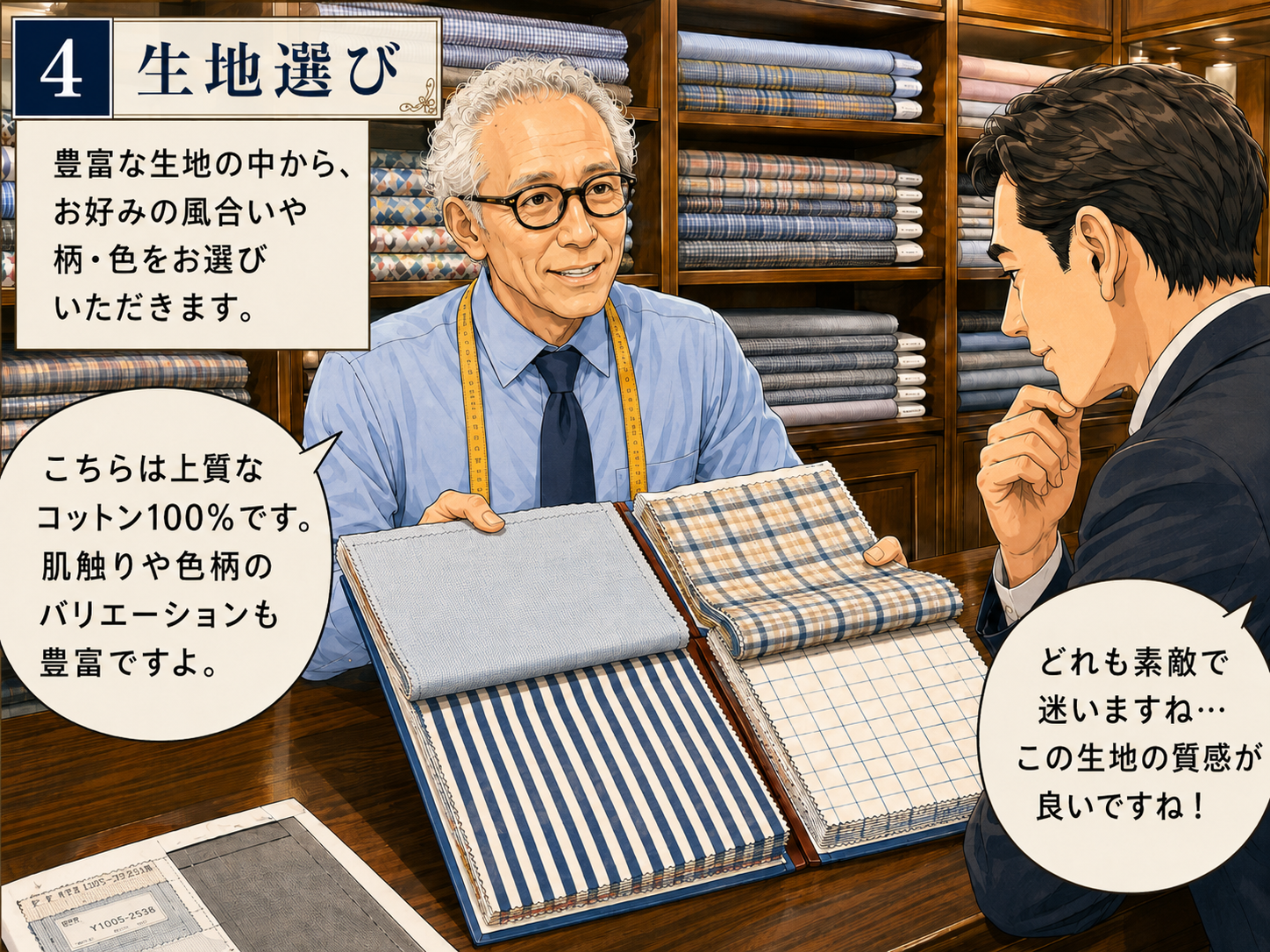 金港堂でオーダーシャツの生地を選ぶ様子