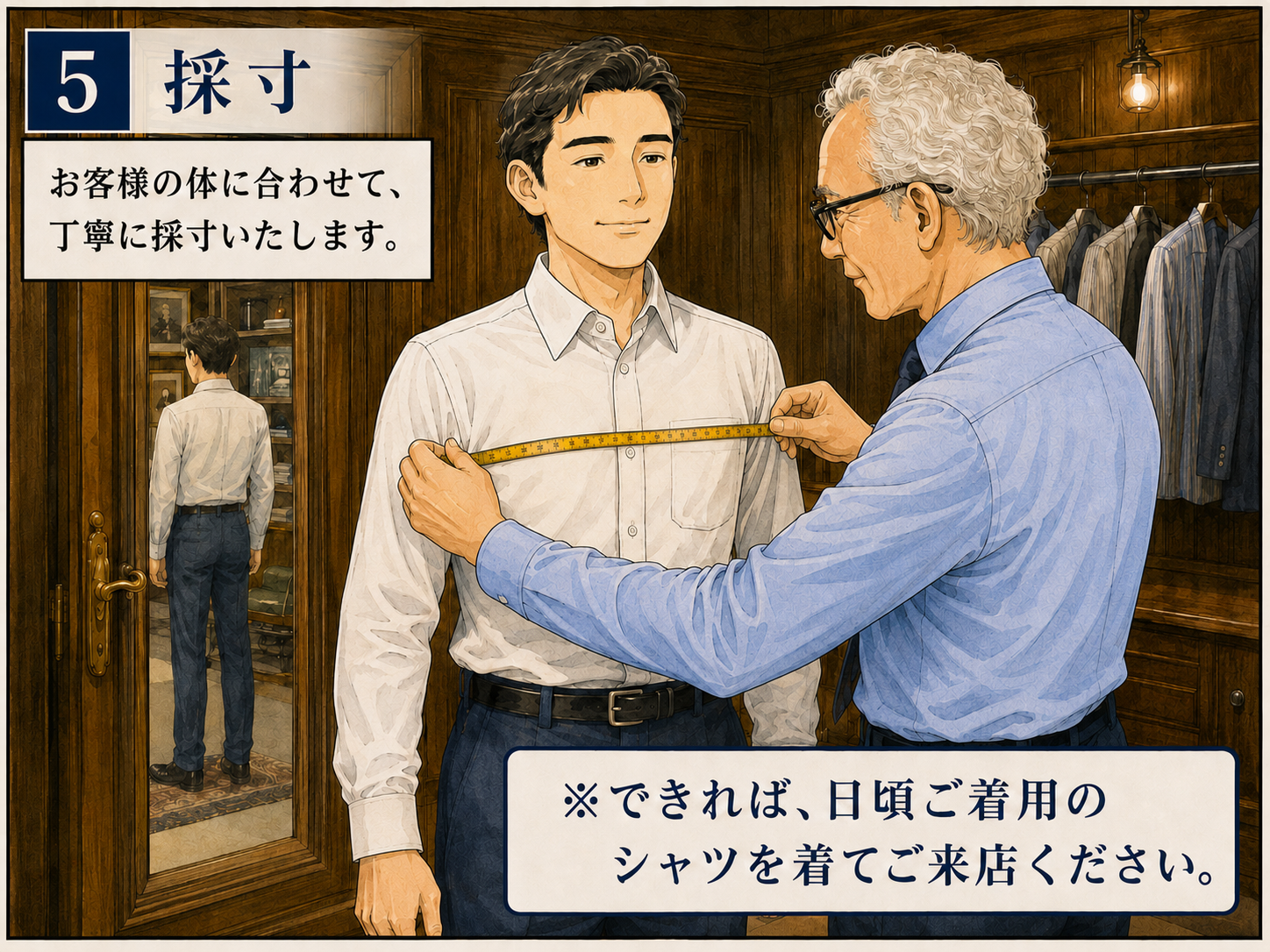 オーダーシャツ作成のために採寸している様子