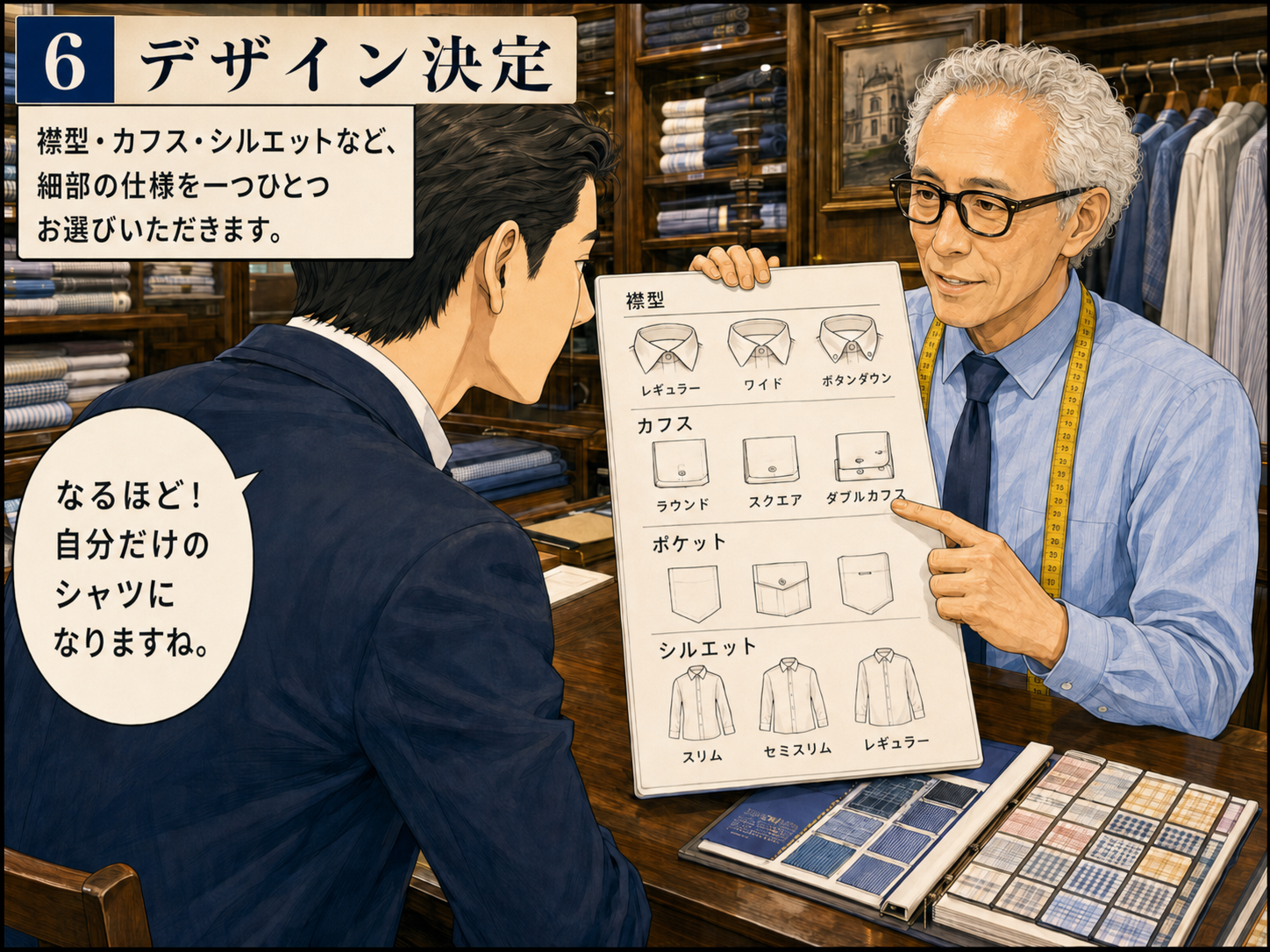 衿型やカフスなどオーダーシャツのデザインを決める様子